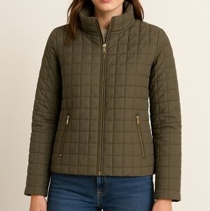 J.Crew Lightweight Down Puffer Jacket Women’s Medium – Olive Green Quilted Zip